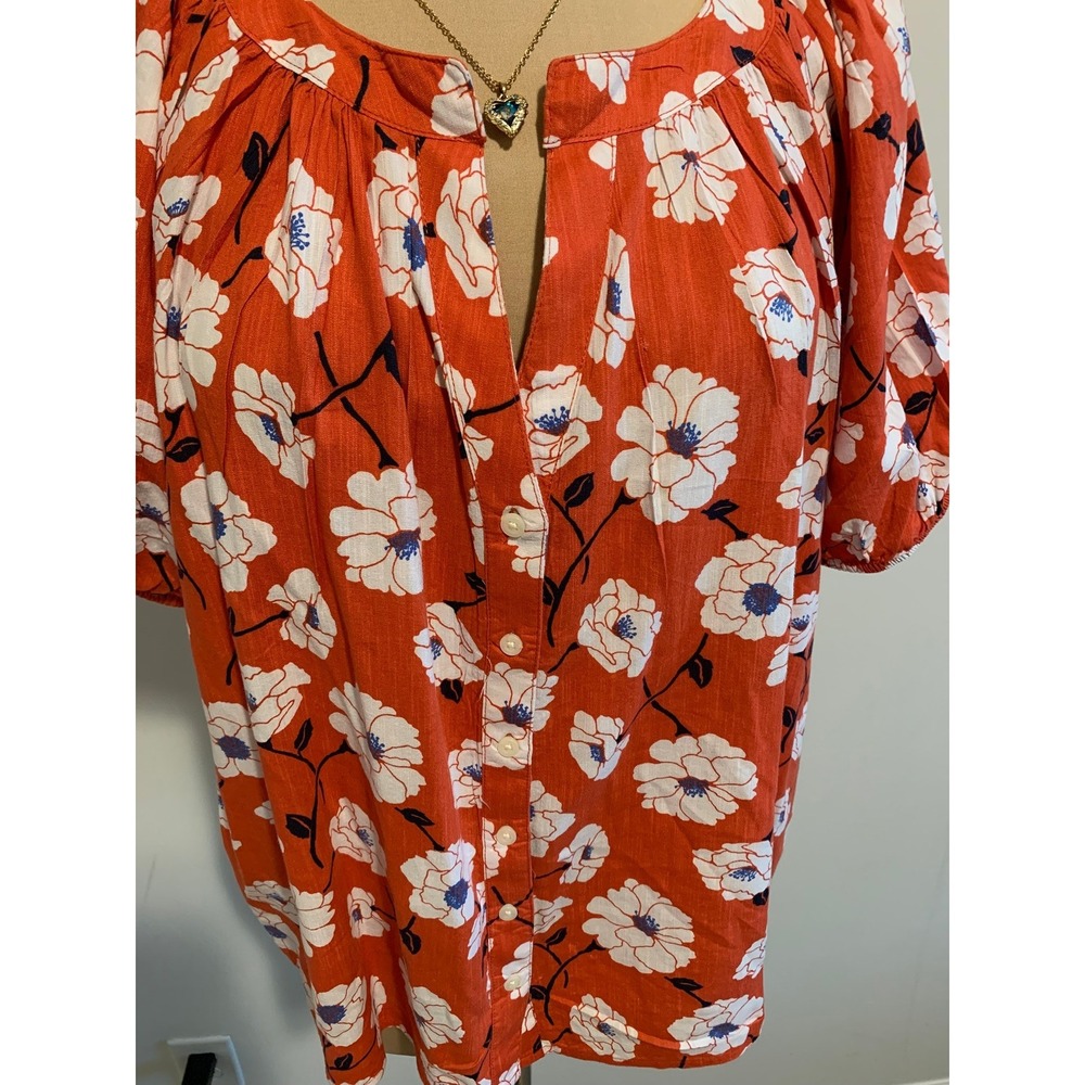 St Johns Bay Women Cotton Blend Orange Floral Puff Sleeve Blouse Top PXXL - Picture 3 of 6